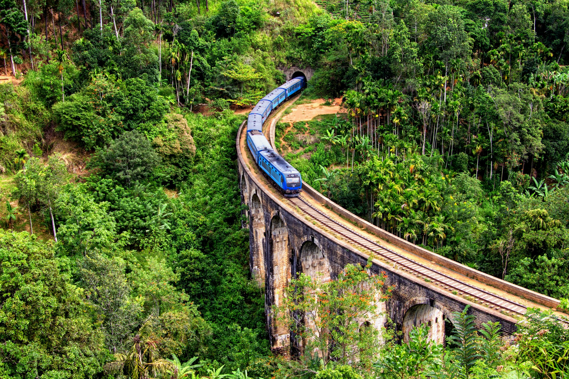 The blue train crossing the Nine Arch Bridge in Ella, Sri Lanka